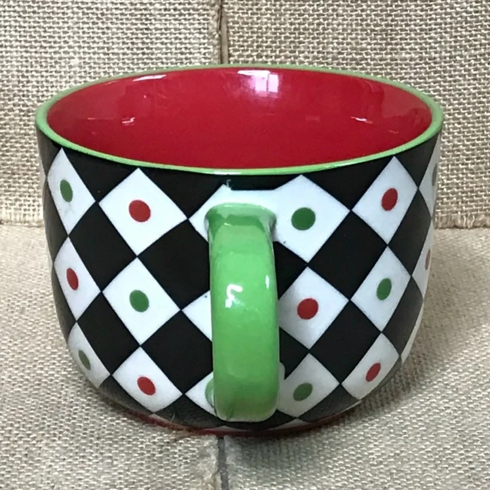 Pier 1 Harlequin Argyle Coffee Mug Cup Diamond Pattern Whimsical Retro Playful